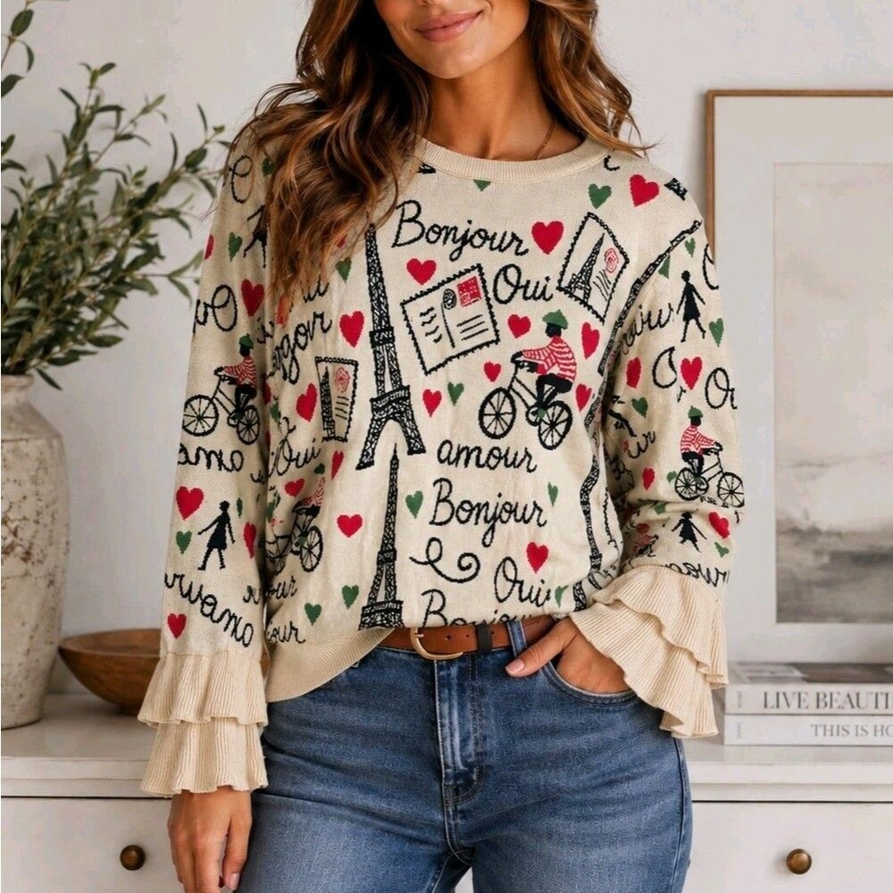 OXKNIT Paris Bonjour Oui Knit Sweater Ruffle Long Sleeve Cotton Size 2XL